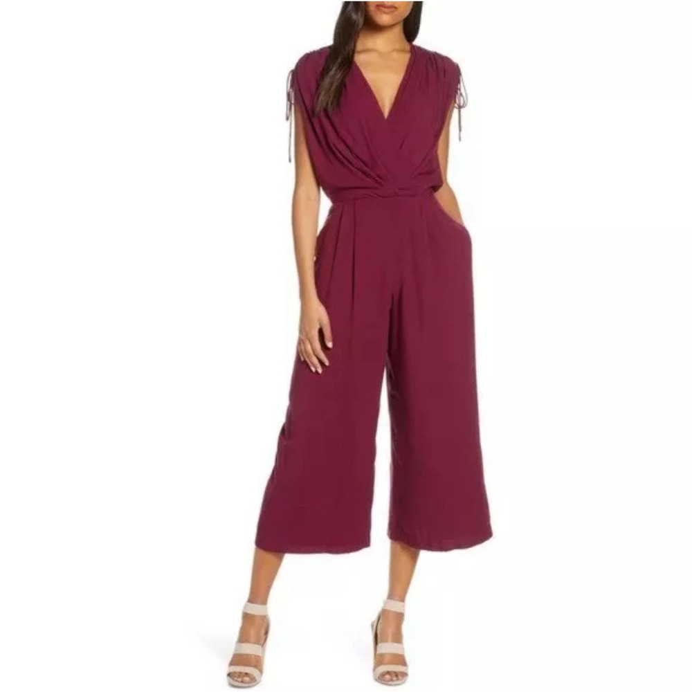 Gal Meets Glam Luella Ruched Shoulder Crop Wide Leg Jumpsuit‎ Oxblood Red Size 4